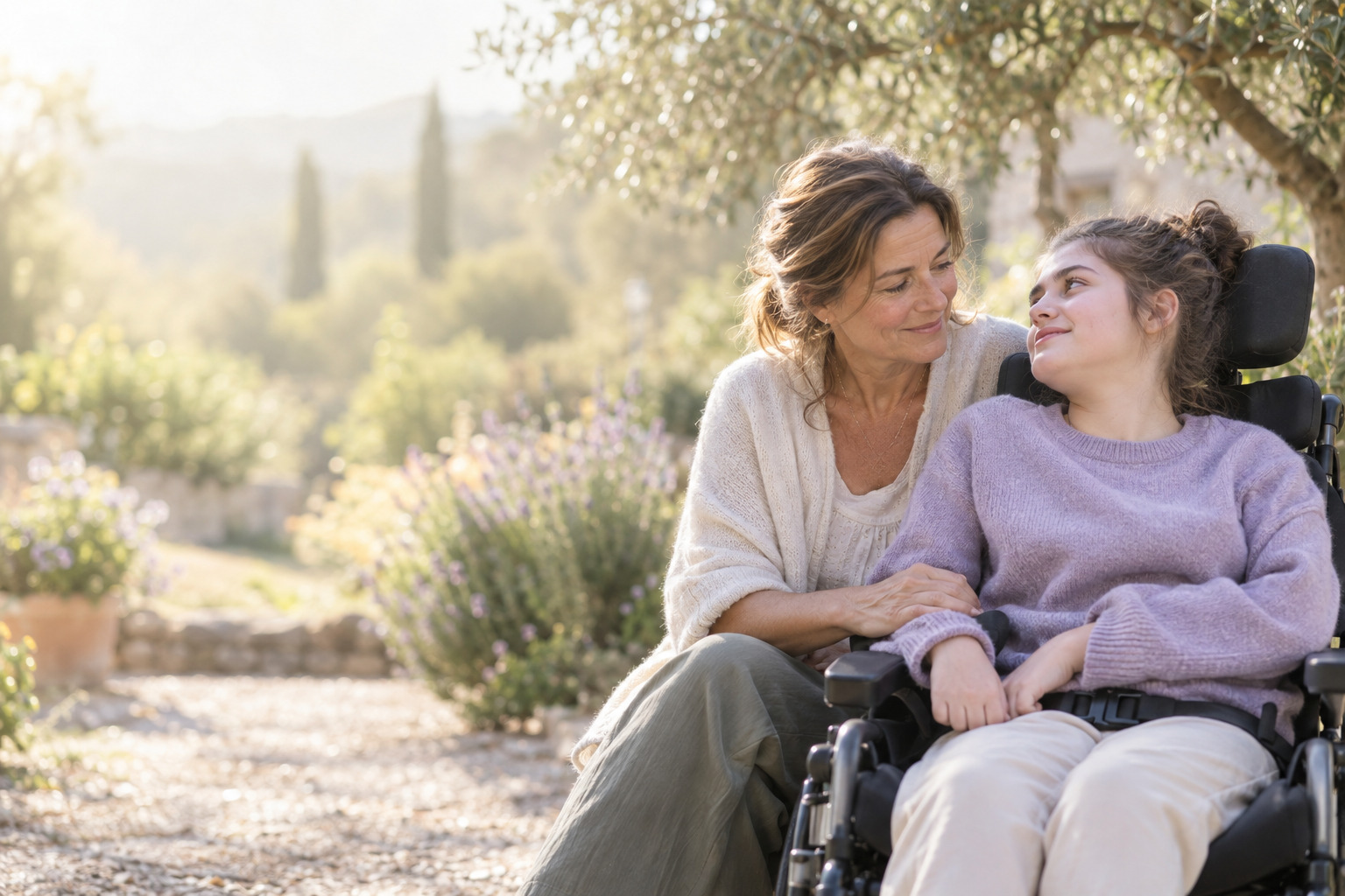 Scène familiale illustrative en extérieur, avec une jeune personne en fauteuil et une adulte.